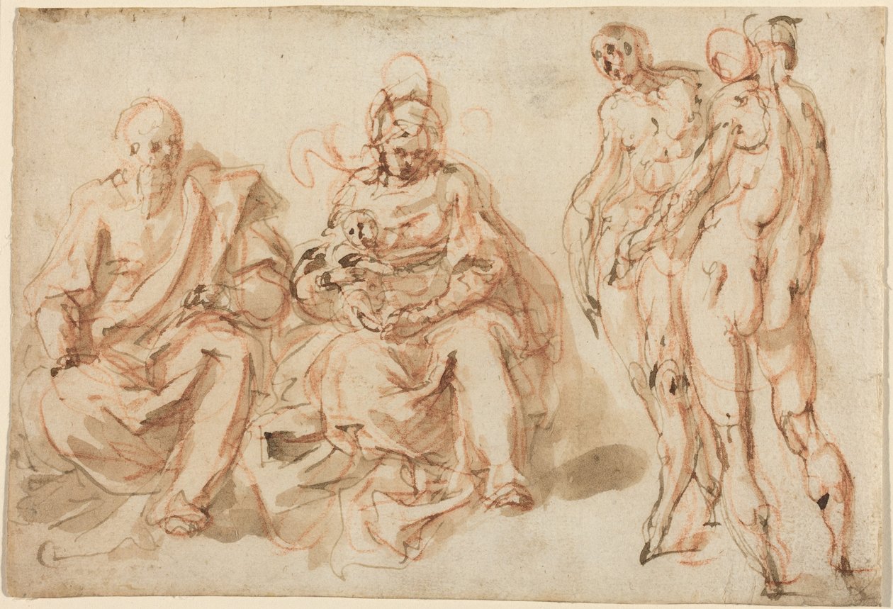 De aanbidding van de herders (pen en bruine inkt met lichtbruine wassing over rood krijt op geschept papier) door Cesare Pollini