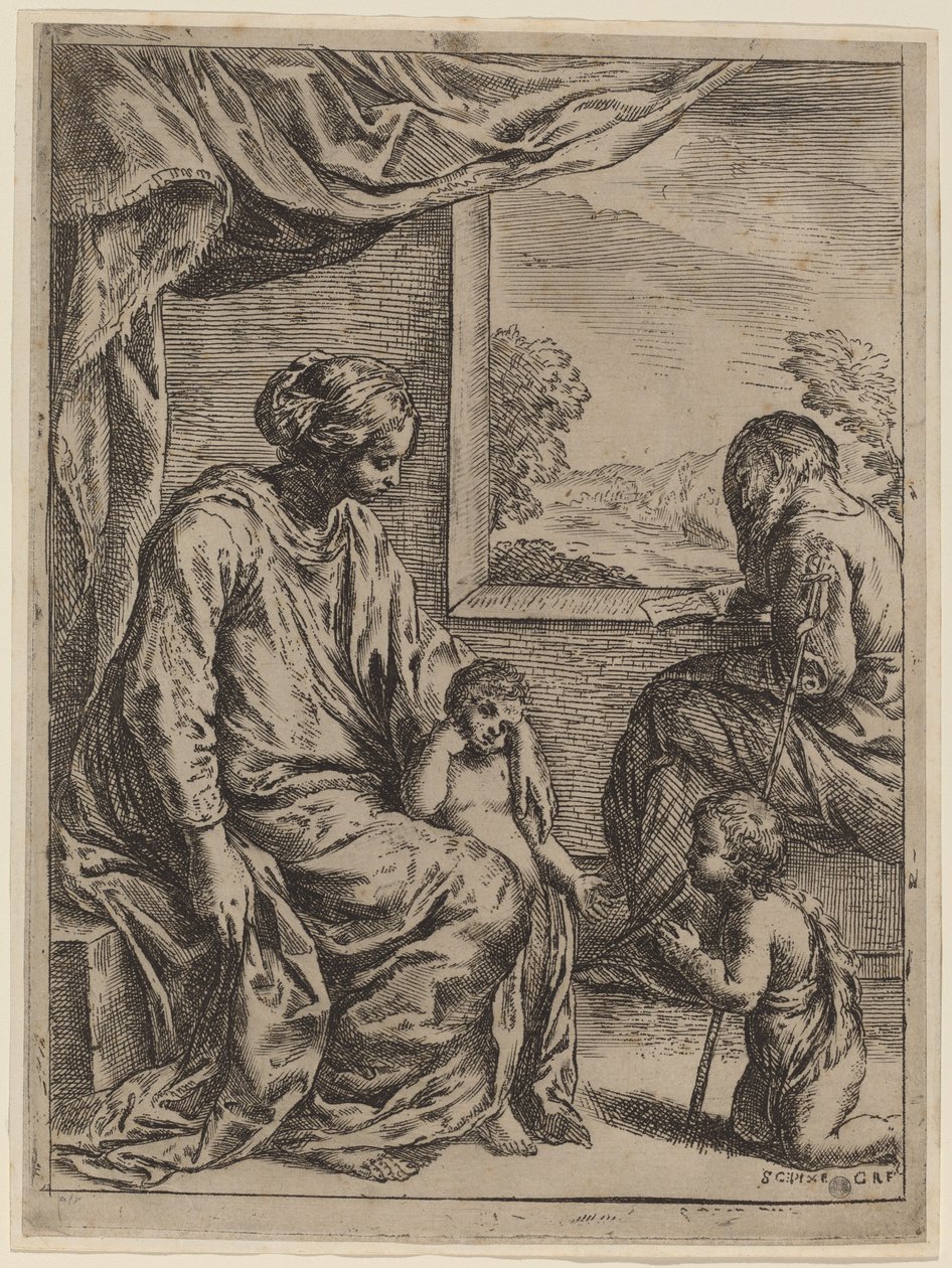 De Heilige Familie met Johannes de Doper door Cesare Roberti, after Simone Cantarini