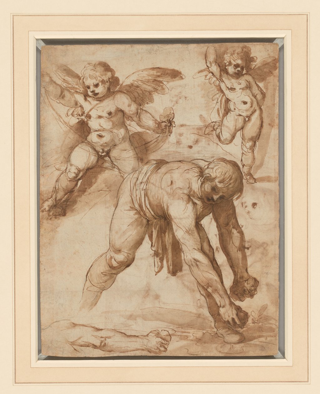 Studies van een figuur die zich bukt, twee putti en een arm (recto); Rust tijdens de vlucht naar Egypte (verso) door Cesare Rossetti