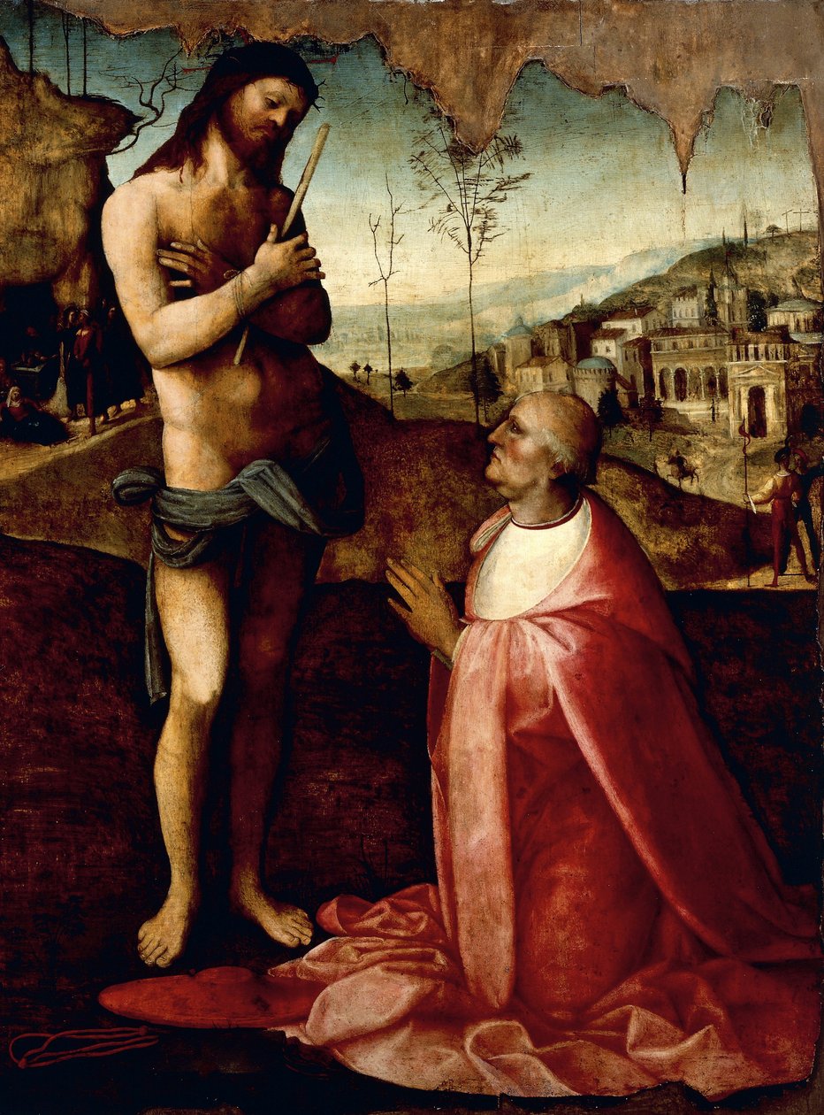 Christus Lijden en de kardinaal Oliviero Carafa in gebed (schilderij) door Cesare da Sesto