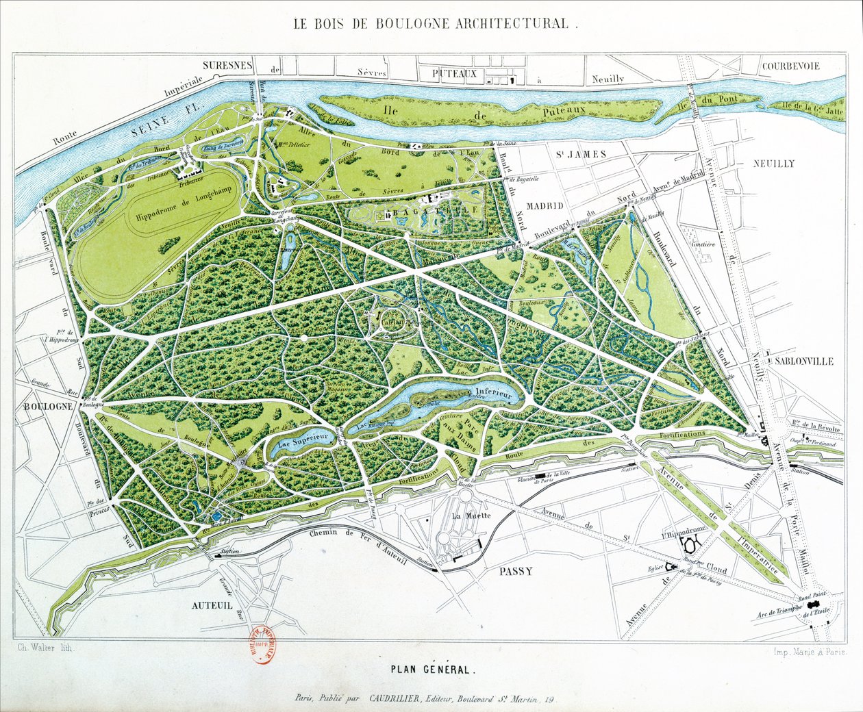 Plan van het Bois de Boulogne in Parijs, uitgegeven door Caudrilier, 1860 door Ch. Walter