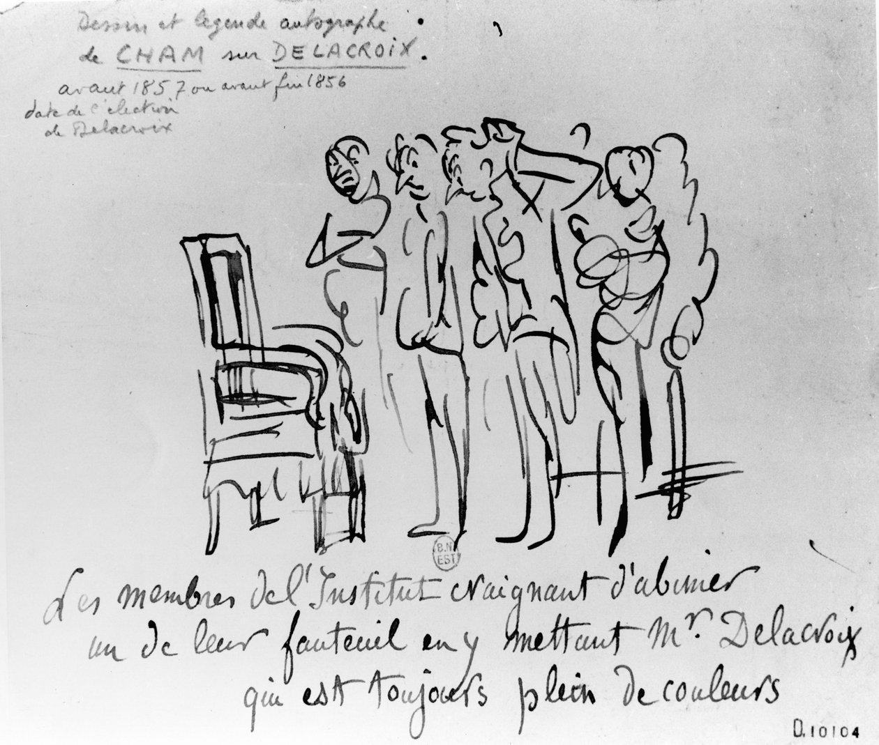 Weerzin van de leden van het Institut de France om Delacroix op een van hun stoelen te installeren uit angst dat zijn liefde voor kleuren de stoel zal bevlekken, 1856-7 door Cham