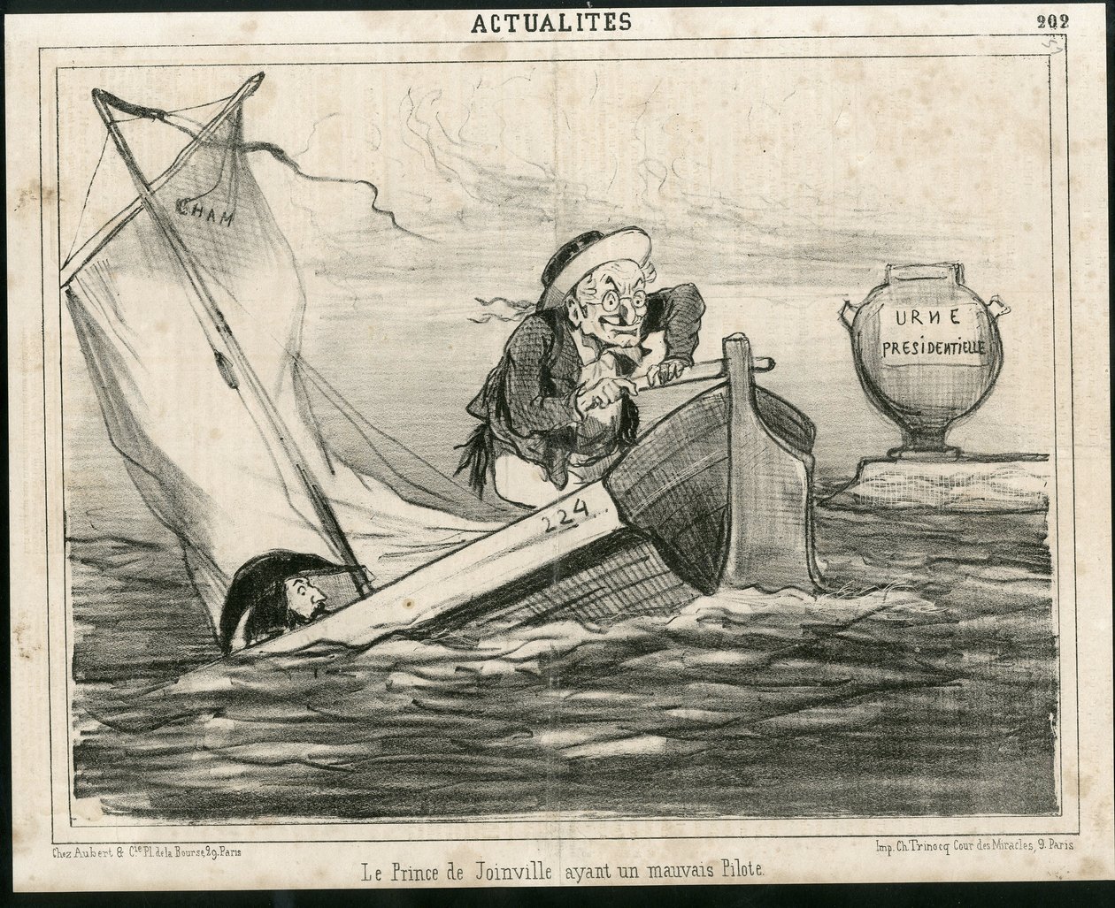 Illustratie van Cham (1819-1879) in Le Charivari, circa 1850 - De Prins van Joinville met een slechte piloot - Verkiezingen, President van de Republiek, Maritieme Marine Nautique Balneaire - Thiers Adolphe, Francois d