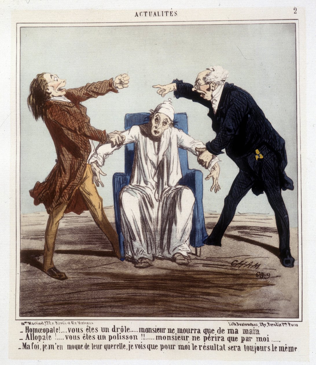 Cartoon over allopathie en homeopathie door Cham door Amédée de Noé