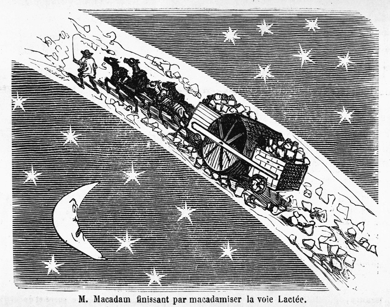 Cartoon over de stenen bestrating van straten, MacAdam, Schotse ingenieur (1756-1838): "M. Macadam eindigt met het macadamiseren van de Melkweg" - in "Album Charivarique", ill. de Cham door Amédée de Noé