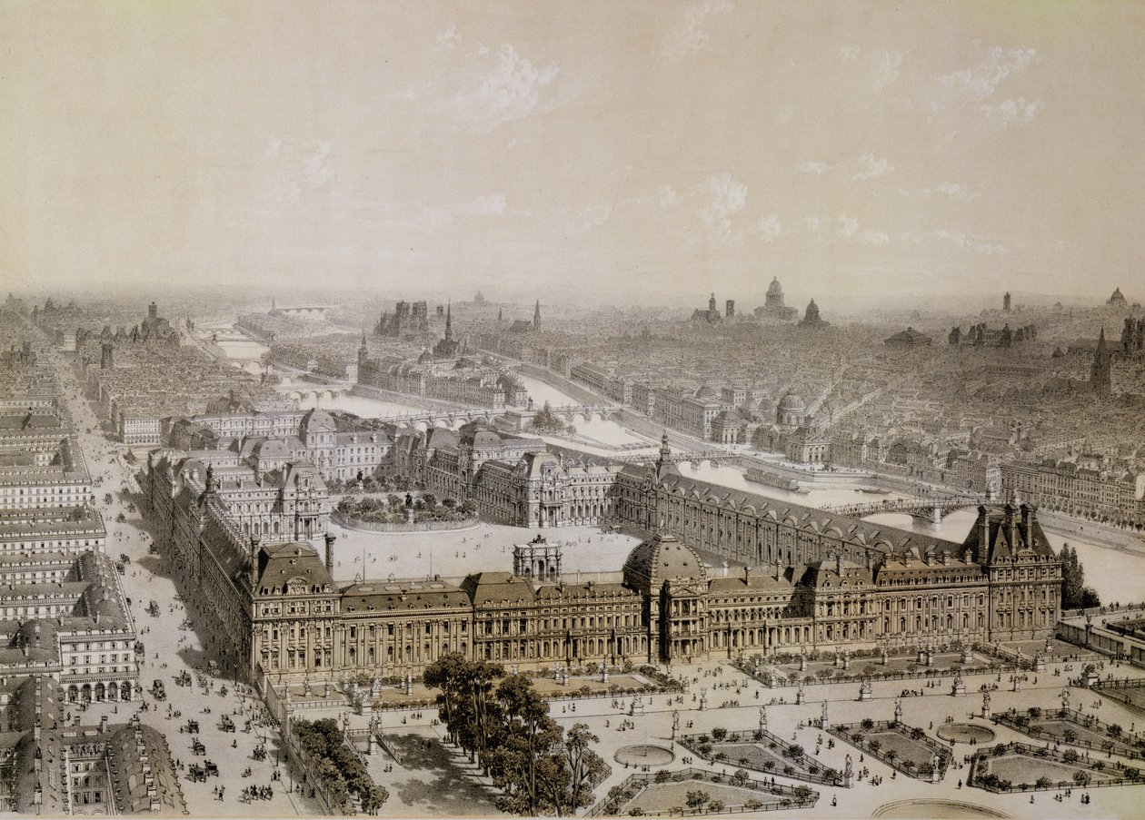 Het voltooide Louvre en de nieuwe Rue de Rivoli, gegraveerd door Philippe Benoist door Chapuis