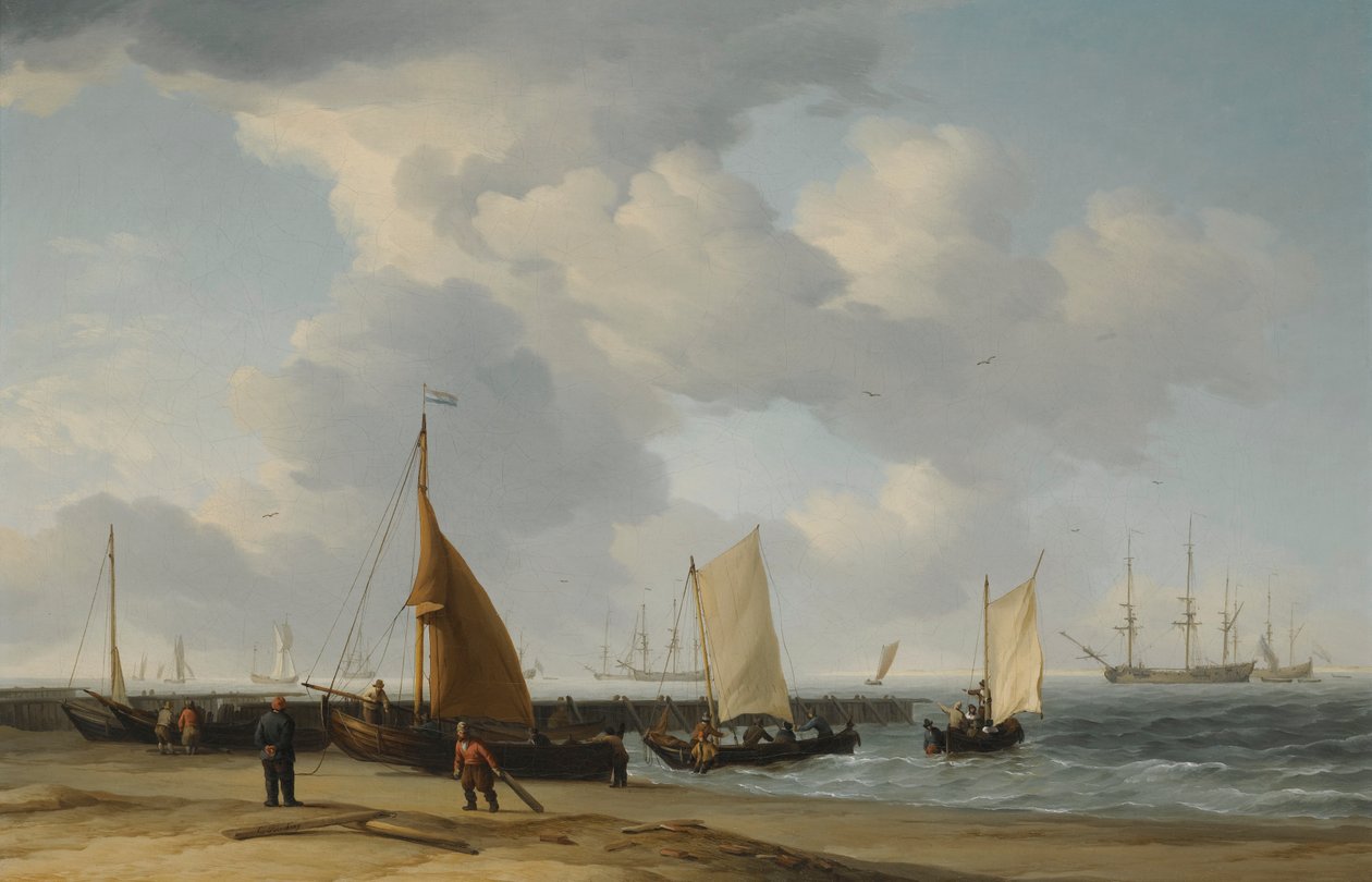 Strandscène met een oorlogsschip in de verte door Charles Brooking