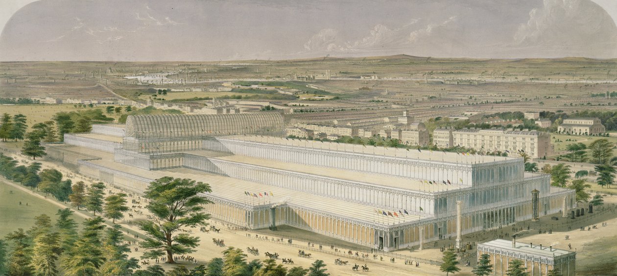 Luchtvaartzicht op het Paleis van Industrie voor Alle Naties, vanuit Kensington Gardens, uitgegeven door Ackermann, 1851 door Charles Burton