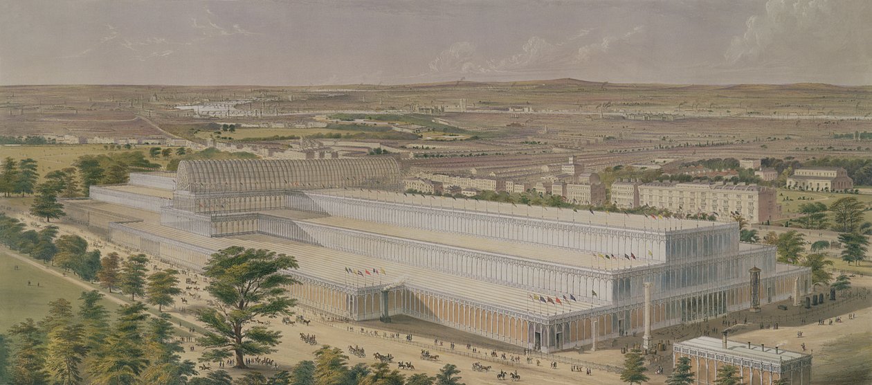 Luchtzicht van het Paleis van Industrie voor alle Naties, vanuit Kensington Gardens, gegraveerd door de kunstenaar, uitgegeven in 1851 door Charles Burton