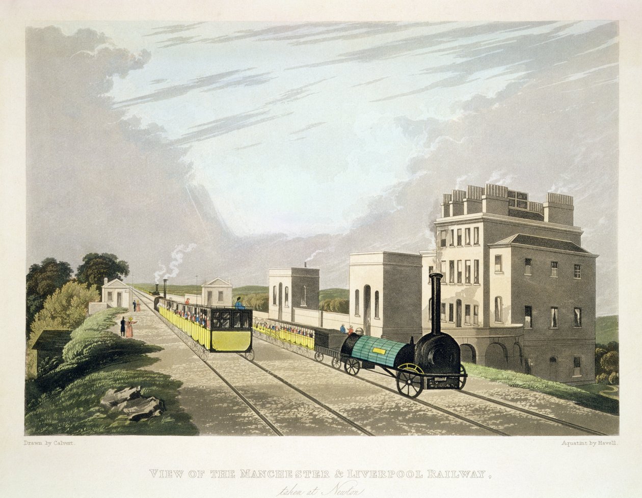 Gezicht op de Manchester en Liverpool Railway, genomen bij Newton, 1825, gegraveerd door Havell door Charles Calvert