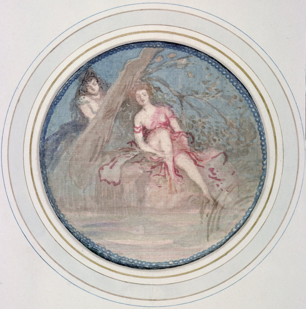 Vrouwelijk figuur zittend aan de oever van een stroom: een ander figuur achter een boom door Charles Edward Conder