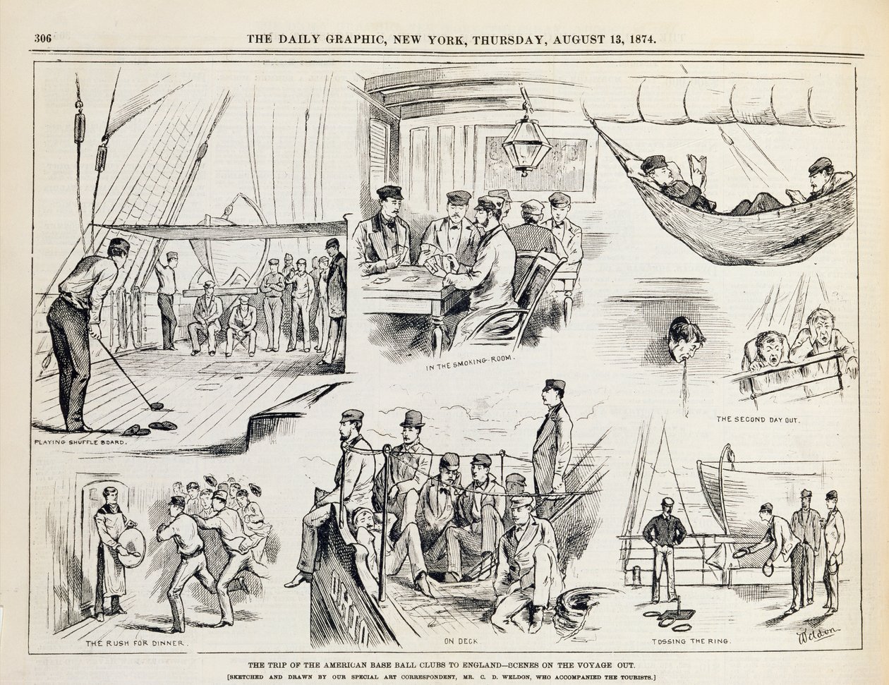 De reis van de Amerikaanse honkbalclubs naar Engeland (De heenreis) gepubliceerd in The New York Daily Graphic, 1874 door Charles Weld