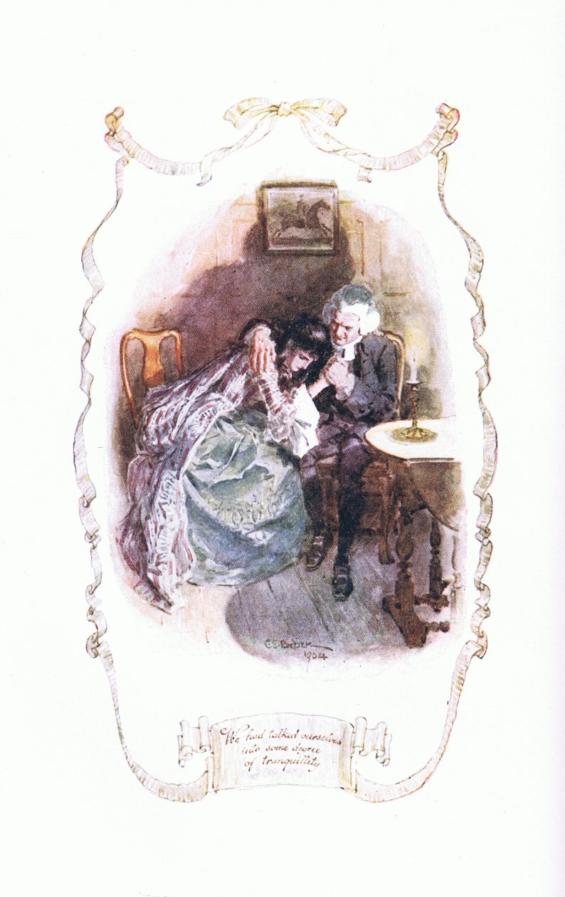 We hadden onszelf in een zekere mate van rust gepraat, uit The Vicar of Wakefield gepubliceerd door J M Dent & Son Ltd, 1920s door Charles Edmund Brock