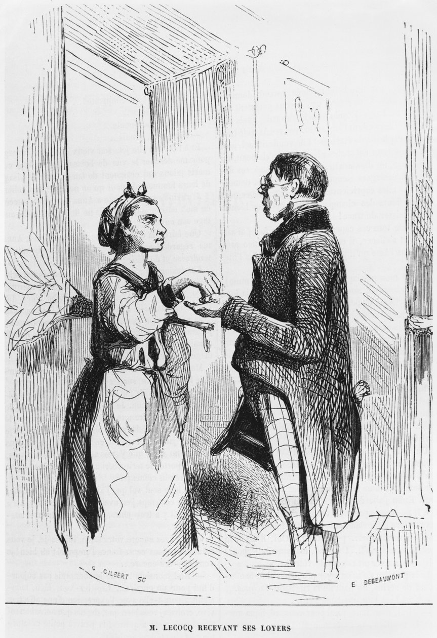 M. Lecocq die zijn huren int, gegraveerd door Charles Gilbert (19e eeuw) illustratie uit de 