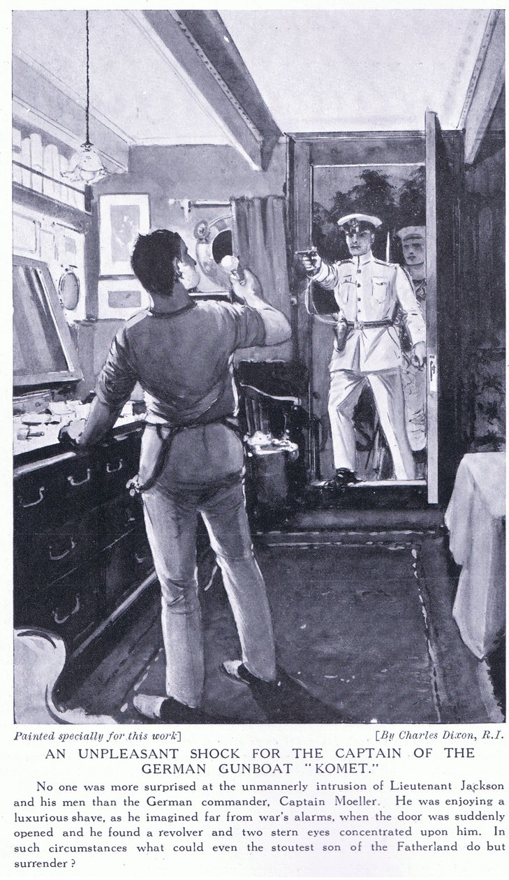 Een onaangename schok voor de kapitein van de Duitse kanonneerboot Komet oktober 1914 door Charles Edward Dixon