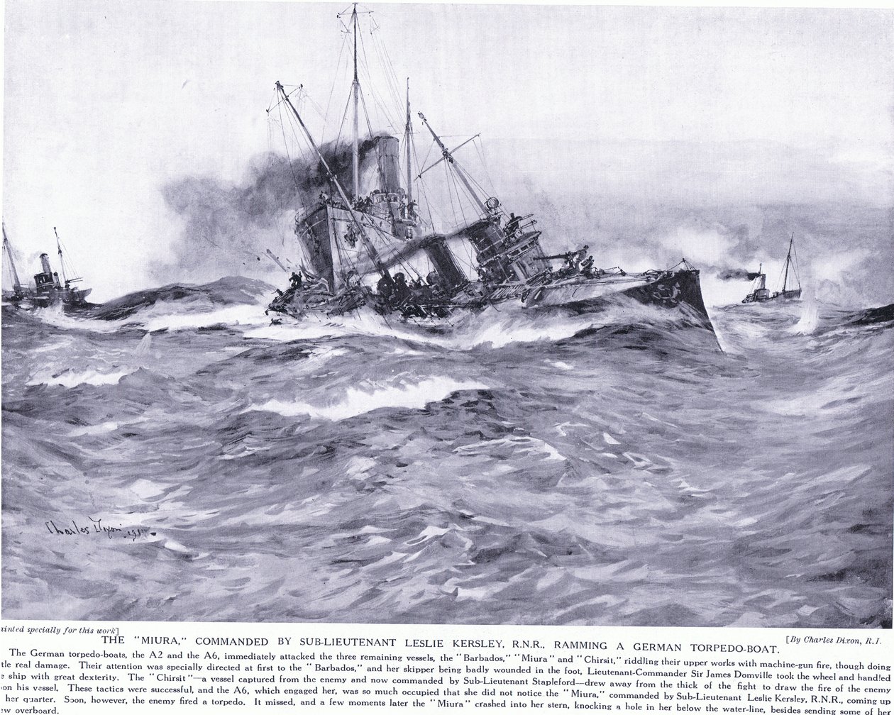 De Miura onder bevel van Onderluitenant Lesley Kelsey RNR ramt een Duitse torpedoboot, oktober 1914 door Charles Edward Dixon