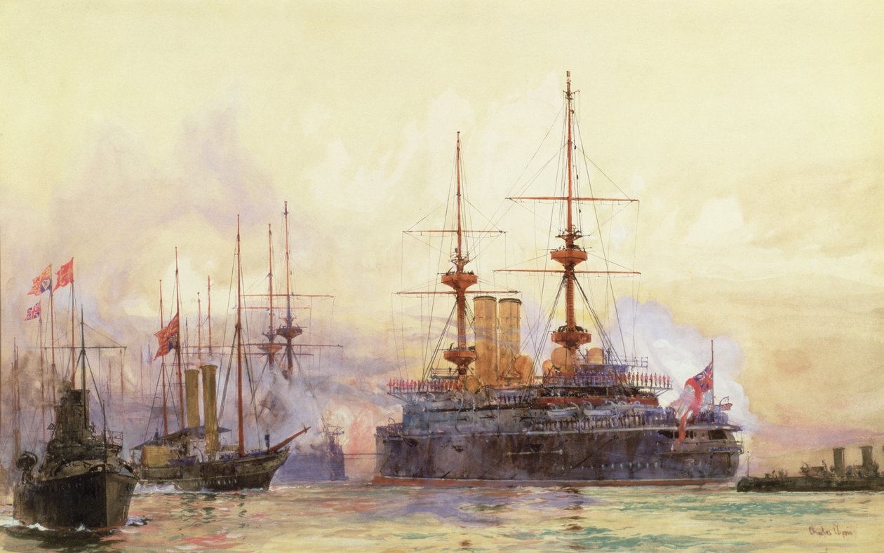De Prins George bij Spithead. Het Marine Requiem van Koningin Victoria door Charles Edward Dixon