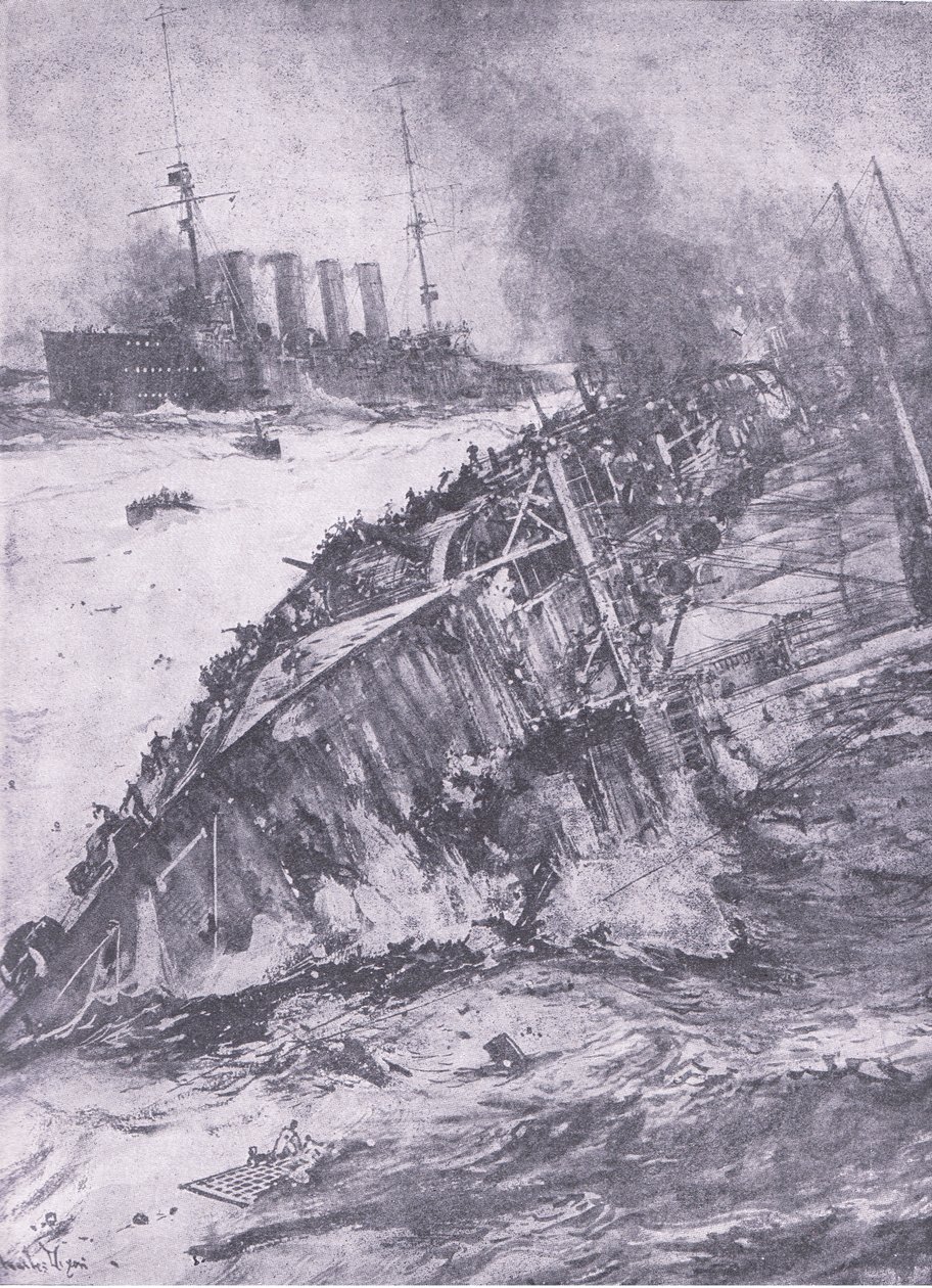 De ramp in de Noordzee: het zinken van de Aboukir, uit History of the Great War Vol 3 gepubliceerd door Waverley Book Co Limited, ca. 1920 door Charles Edward Dixon