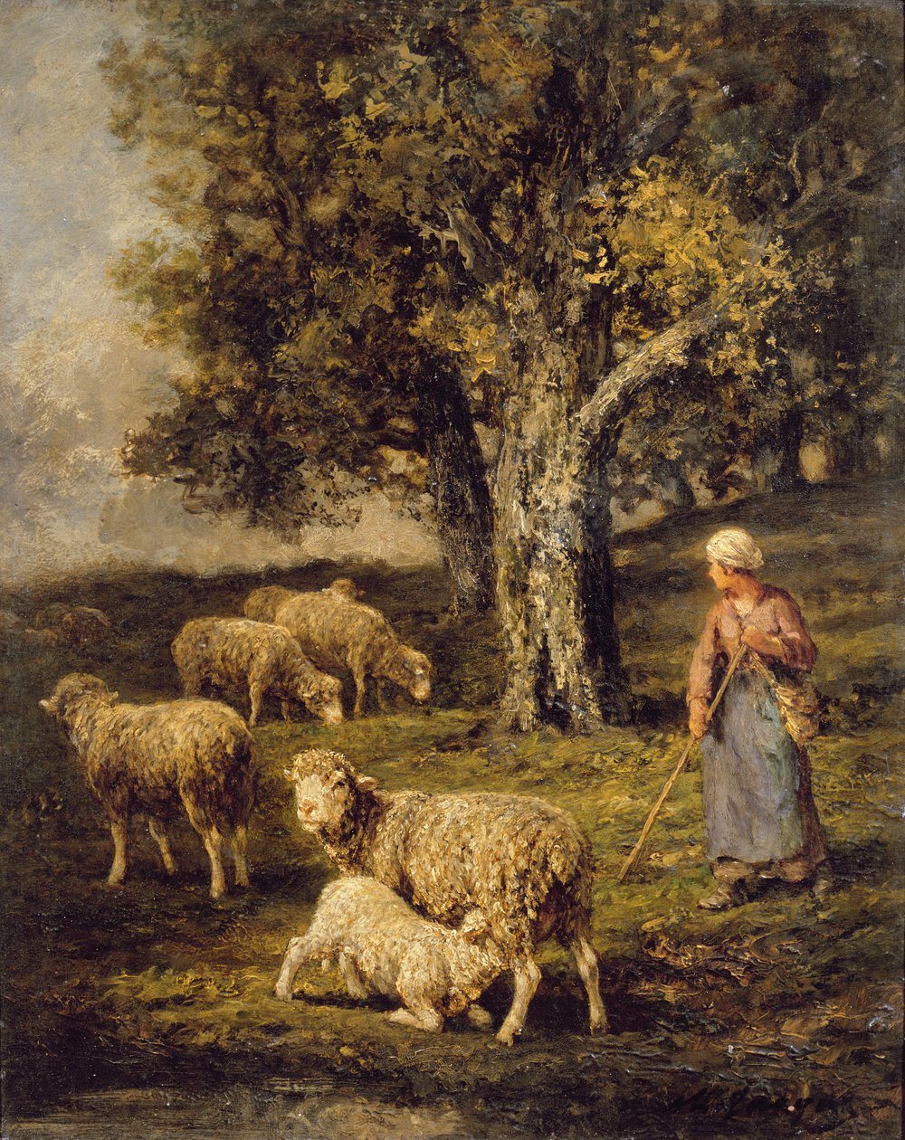 Een Herderin en Schapen in een Barbizon Landschap door Charles Emile Jacque