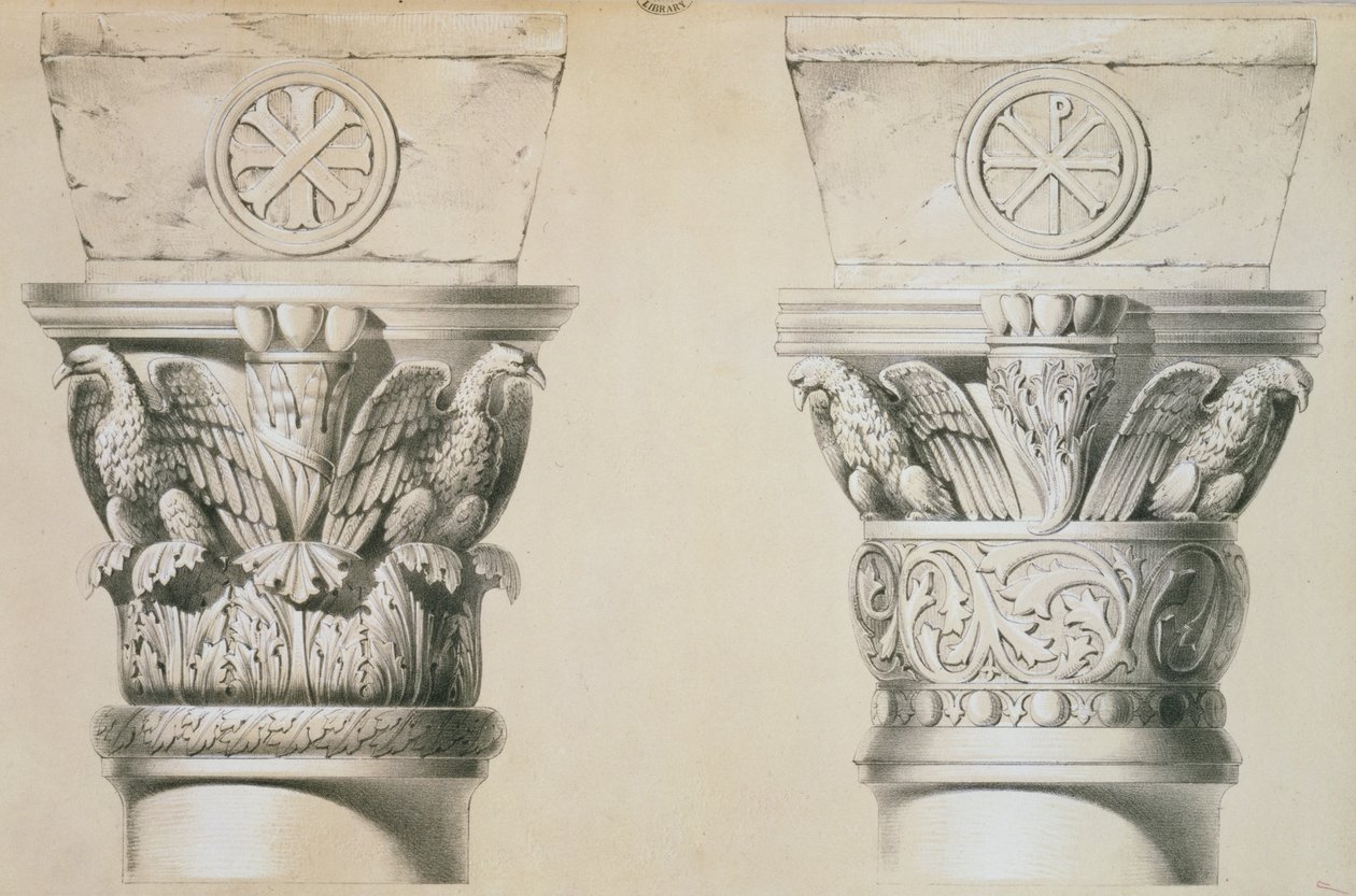 Byzantijnse kapitelen van zuilen in het schip van de kerk van St. Demetrius in Thessaloniki, uitgegeven door Day und Son door Charles Felix Marie Texier