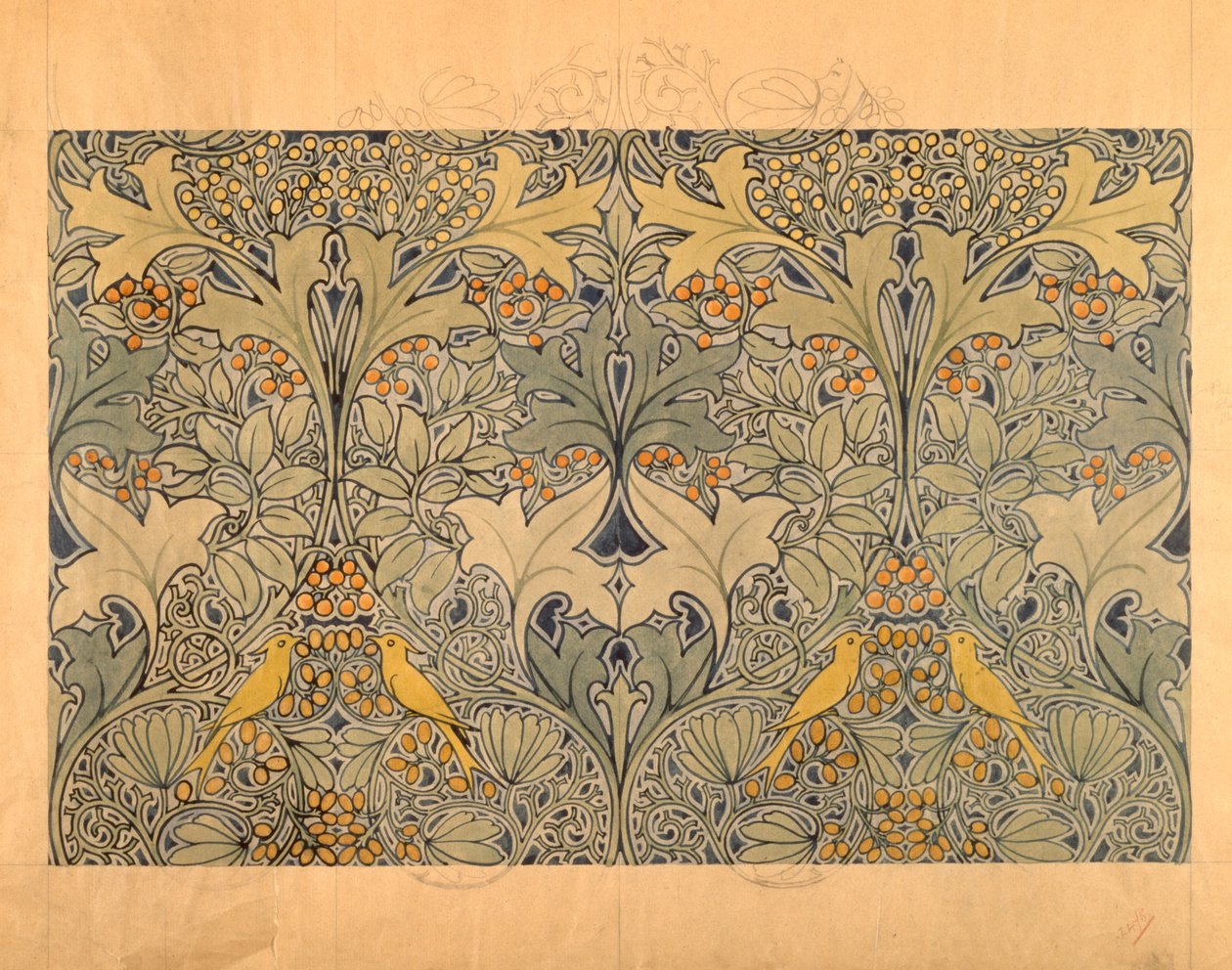 Textielontwerp met vogels, bessen en loof door Charles Francis Annesley Voysey