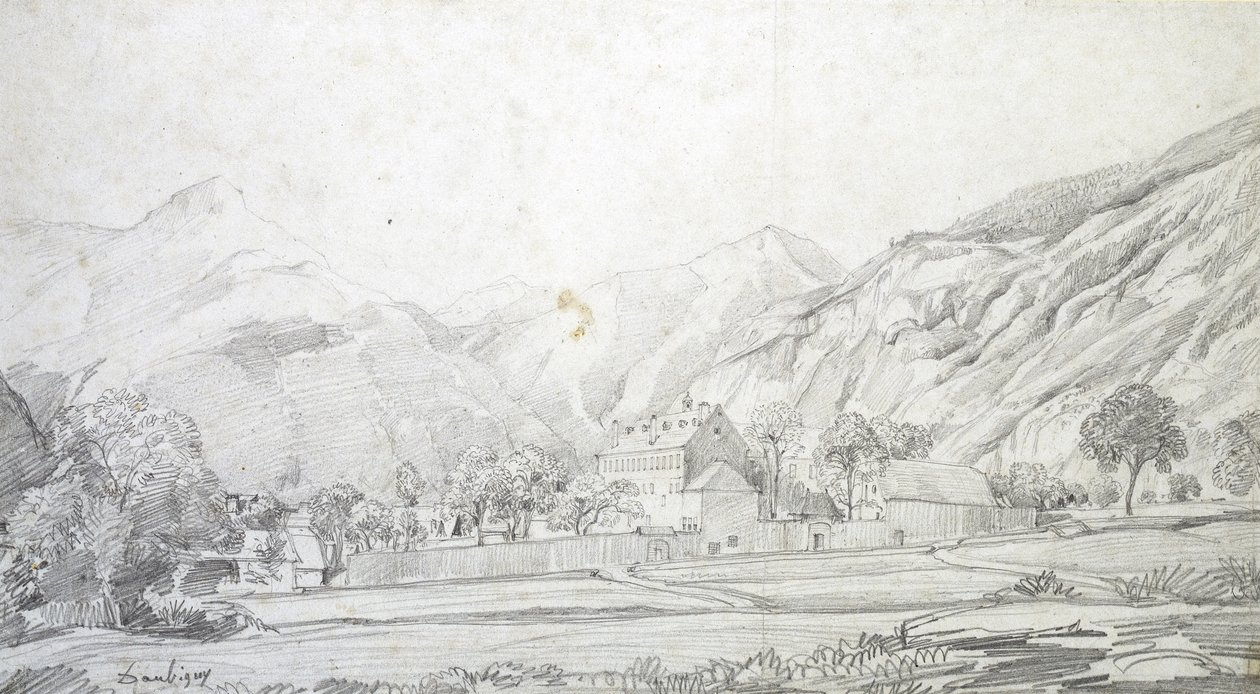 Uitzicht op Gebouwen in een ommuurde Omheining met Bergen op de Achtergrond door Charles Francois Daubigny