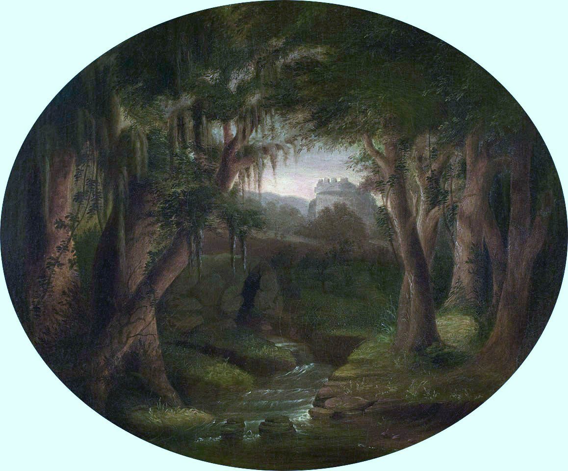 Naamloos landschap met bemoste bomen en verre ruïnes door Charles Fraser