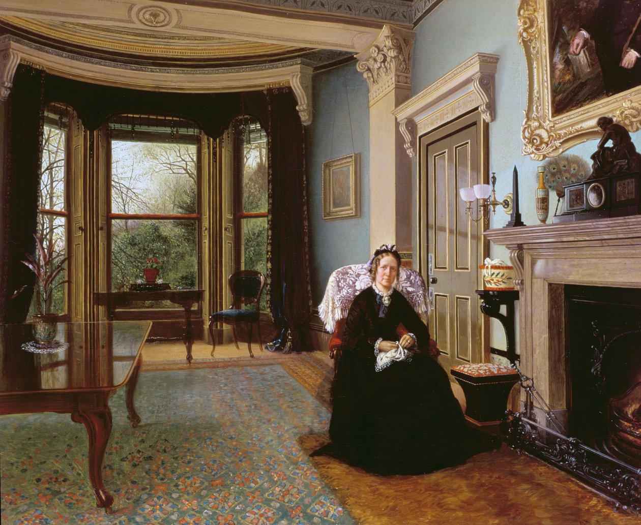 Victoriaans interieur met zittende dame door Charles Frederick Lowcock