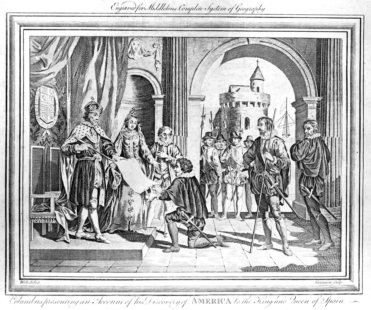 Christoffel Columbus (1451-1506) presenteert een verslag van zijn ontdekking van Amerika aan de koning en koningin van Spanje door Charles Grignion