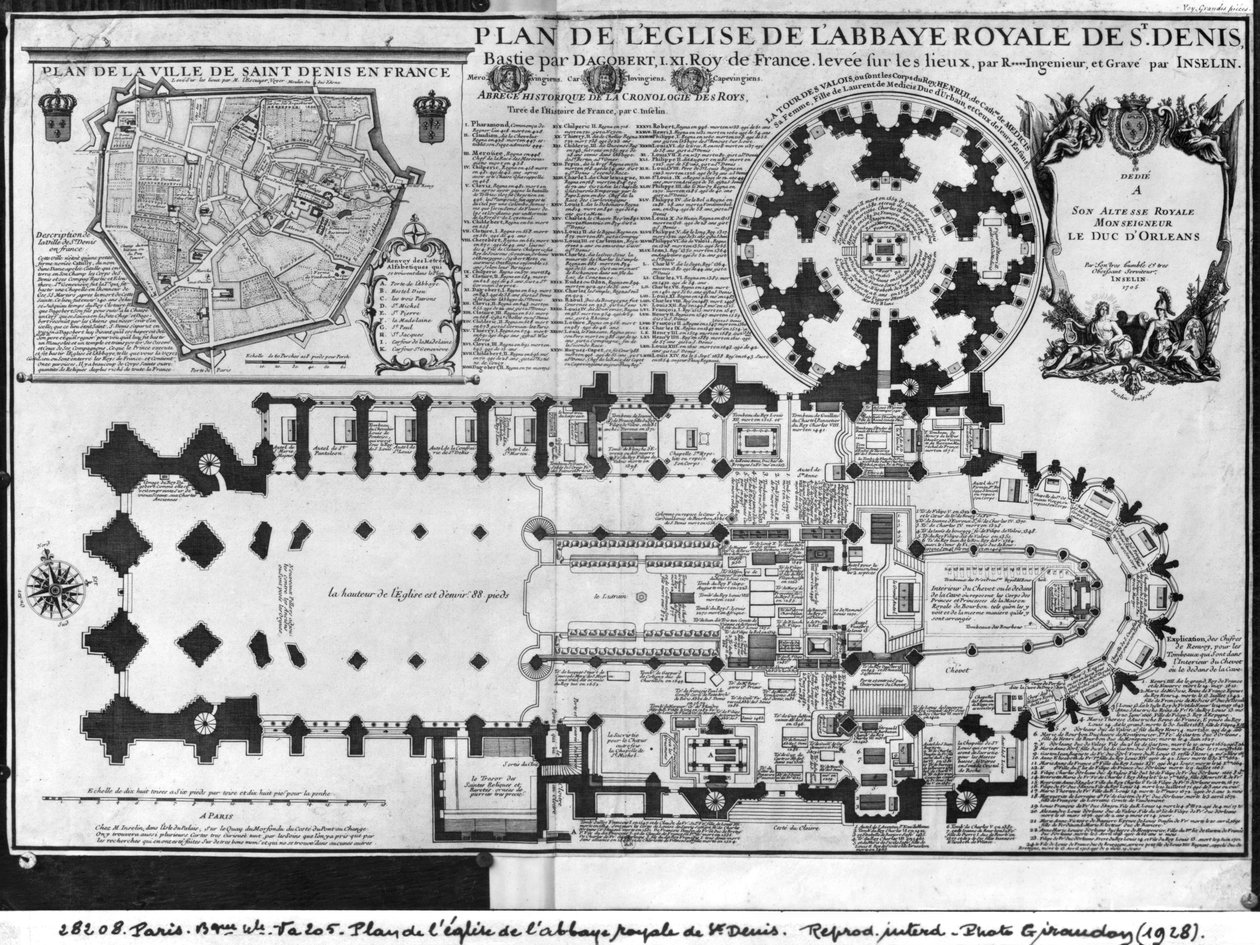 Plattegrond van de kerk van de Koninklijke Abdij van St. Denis met de Valois-toren, 1705 door Charles Inselin