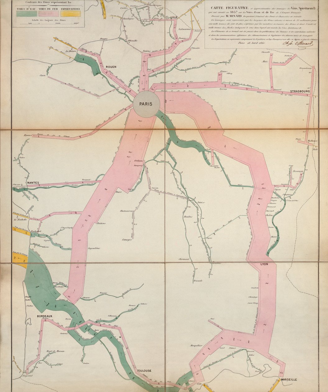 Kaart die de geschatte tonnage van wijnen en sterke dranken in omloop in Frankrijk in 1857 vertegenwoordigt, per water en per spoor, 1860 door Charles Joseph Minard