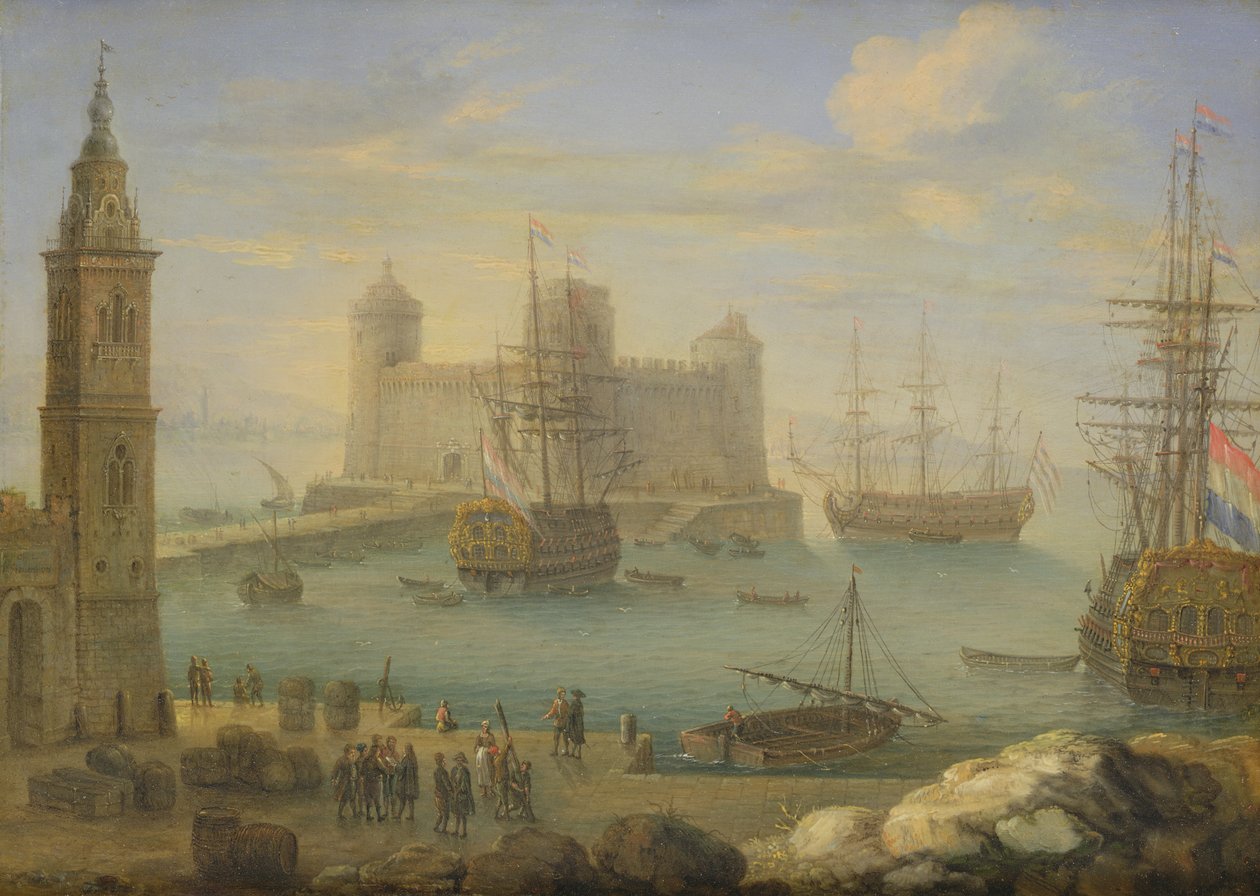 Een mediterrane haven met oorlogsschepen door Charles Laurent Grevenbroeck