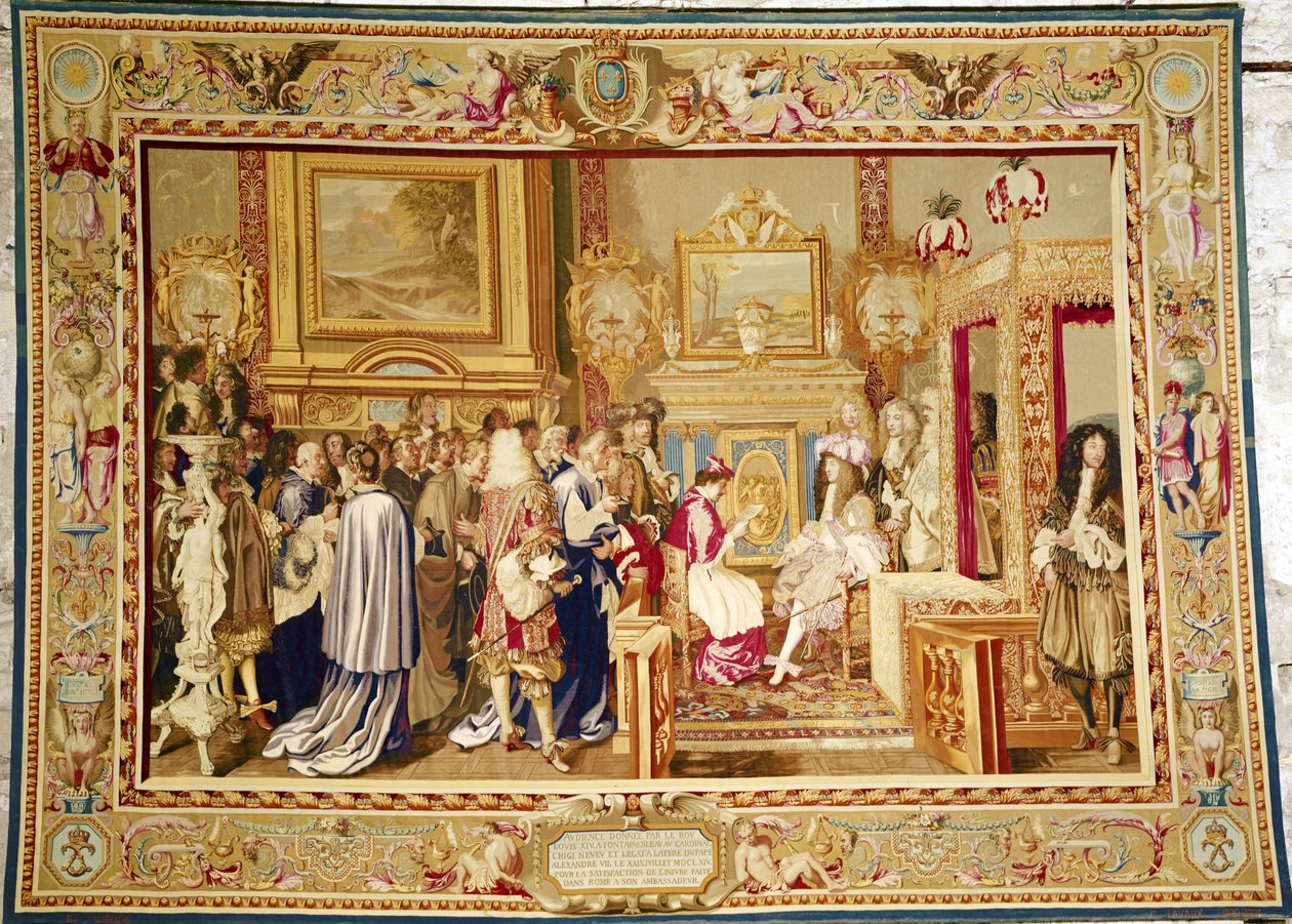 Het Publiek van Kardinaal Chigi met Lodewijk XIV (1638-1715) in Fontainebleau, 29 juli 1664, Gobelins fabriek door Charles Le Brun