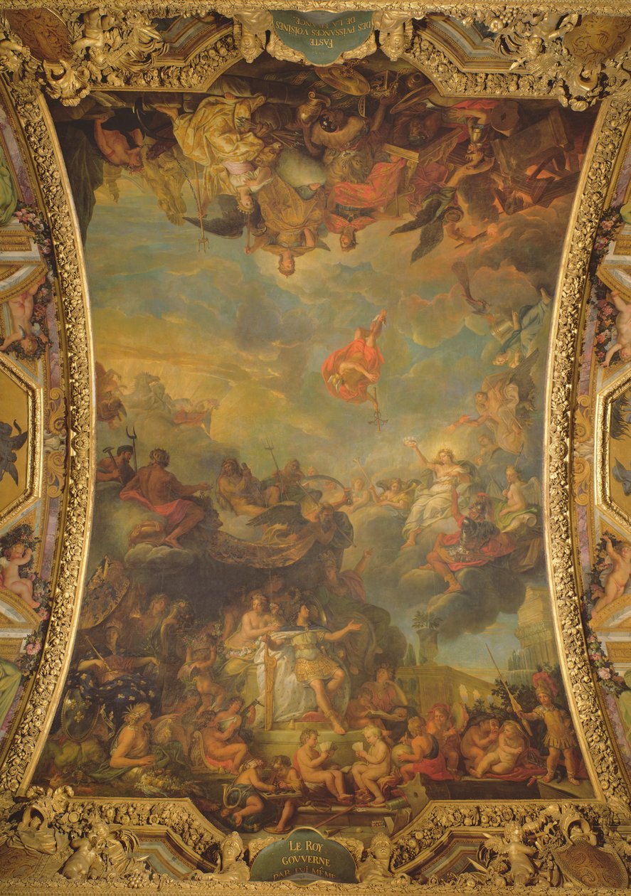 Uitzicht op koning Lodewijk XIV die alleen regeert in 1661 en de welvarende naburige machten van Frankrijk, plafondschildering uit de Galerie des Glaces door Charles Le Brun