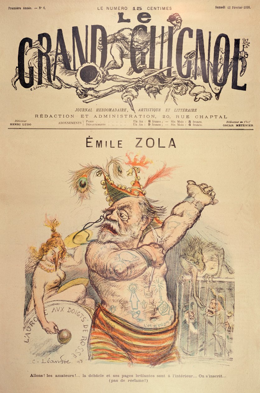 Karikatuur van Emile Zola, illustratie voor de voorpagina van 