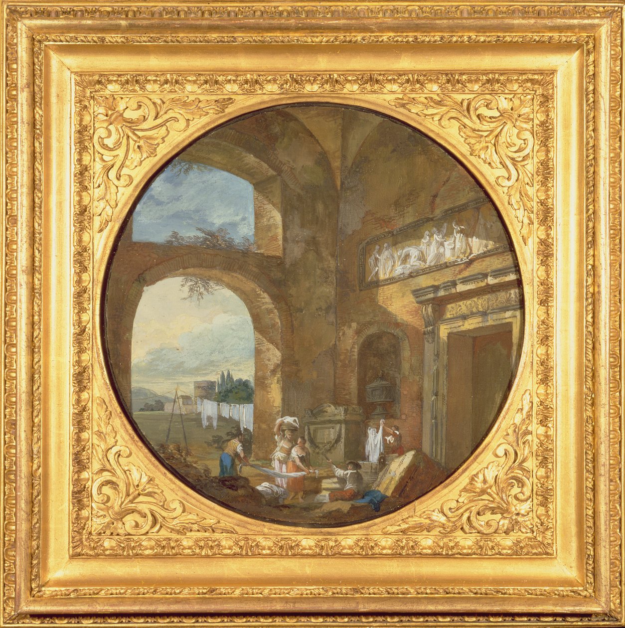 Interieur van een antieke ruïne, met wasvrouwen, 1763 door Charles Louis Clerisseau