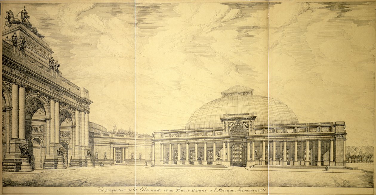 De triomfboog en een van de halfronde zuilengangen van het Palais du Cinquantenaire, Brussel, 1906 door Charles Louis Girault