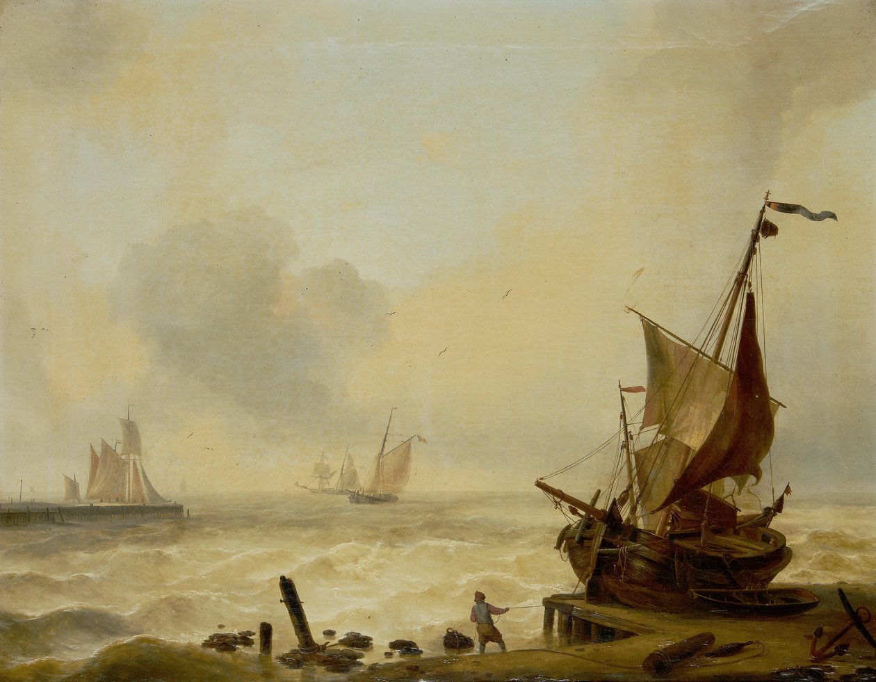Kleine boten worstelen in een zware deining bij de havenmond door Charles Louis Verboeckhoven