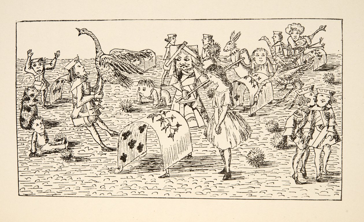 Alice en de Rode Koningin spelen croquet, illustratie uit Alice