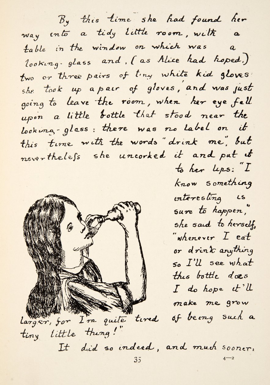 Alice ontkurkt het kleine flesje, illustratie uit Alice