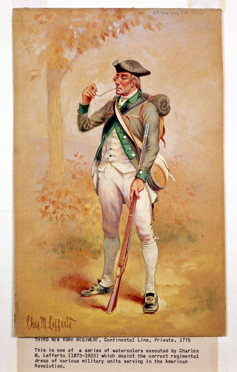 Uniform van een soldaat van de Continental Line in het 3e New York Regiment in 1775, c.1920 door Charles MacKubin Lefferts