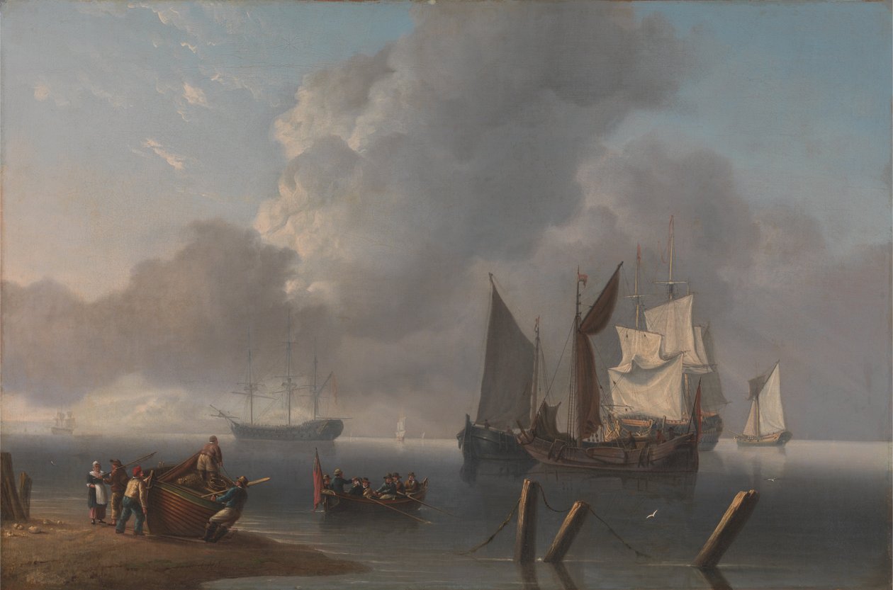 Oorlogsschepen voor de kust, de bevelvoerende admiraal wordt geroeid om zich bij het vlaggenschip te voegen, haar zeilen verlicht door Charles Martin Powell
