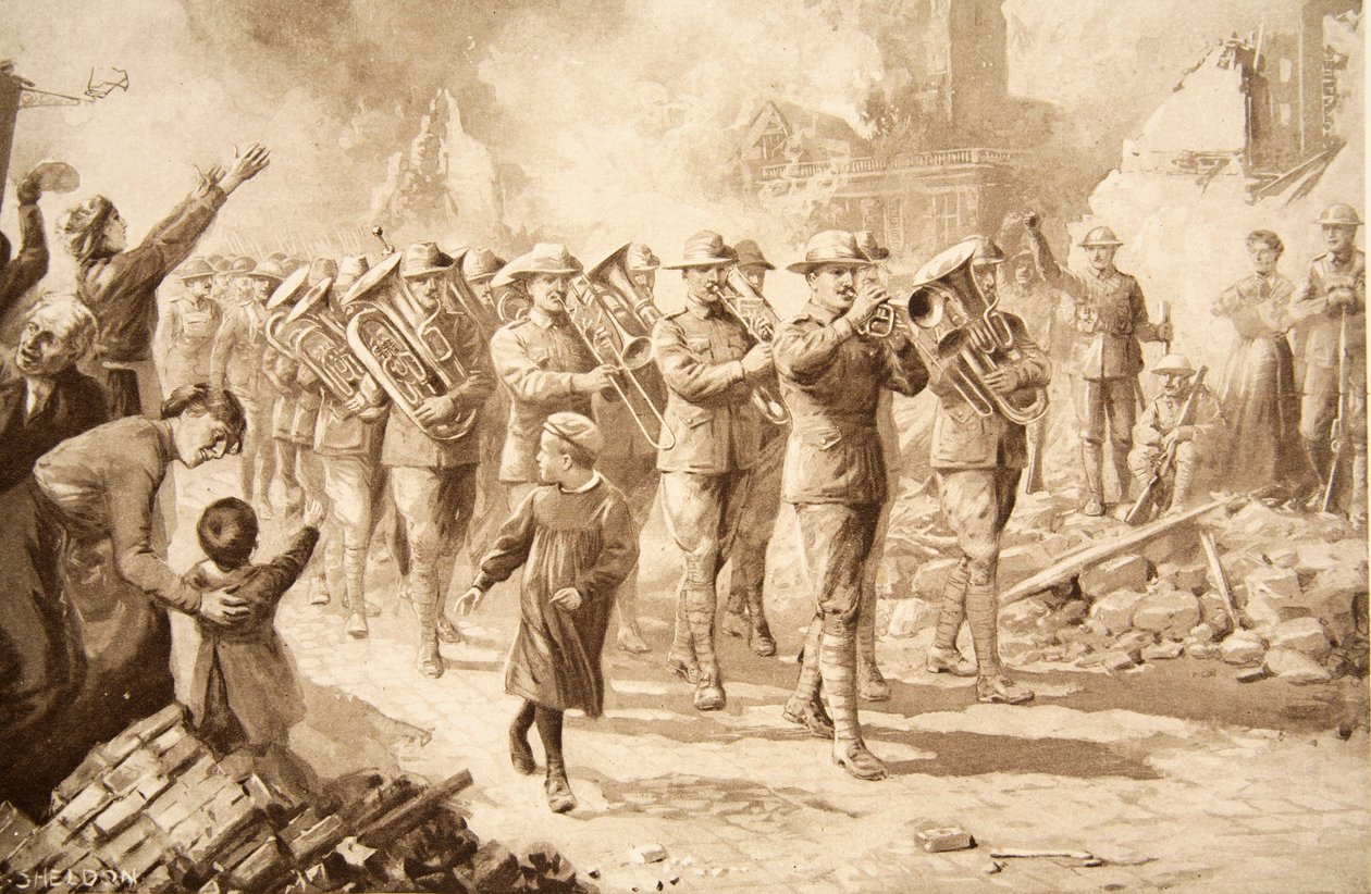 De muziek van triomf: Overwinnende Australiërs die Bapaume binnenkomen, 17 maart 1917 door Charles Mills Sheldon