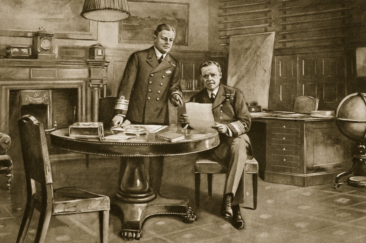 Het zenuwcentrum van de marine: Sir Eric Geddes en Sir Rosslyn Wemyss in de kamer van de Eerste Zeeheer door Charles Mills Sheldon