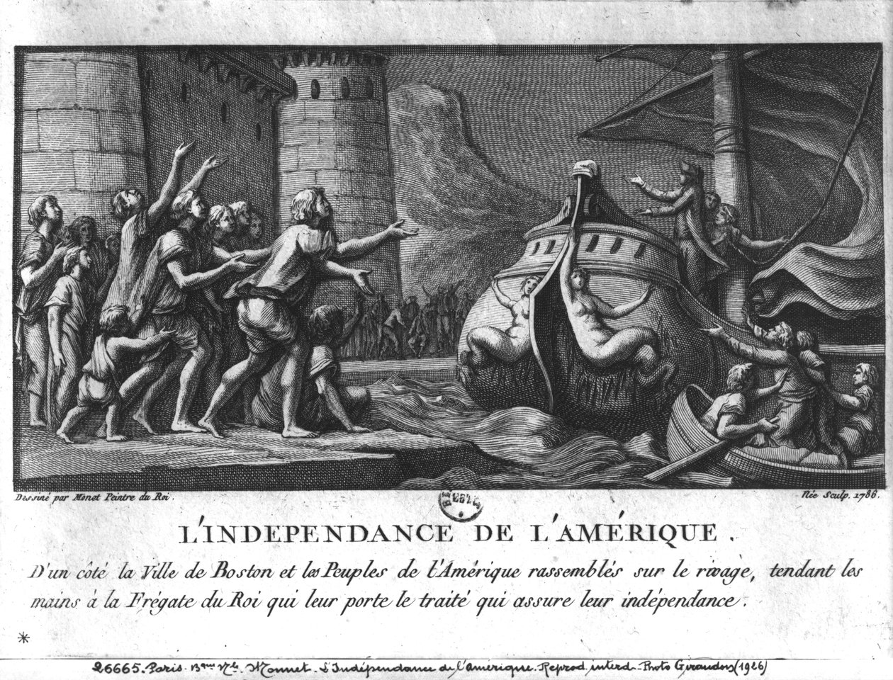 De Amerikaanse Onafhankelijkheid, een Franse fregat brengt het verdrag naar Boston, gegraveerd door Francois Denis Nee (1732-1817), 1786 door Charles Monnet