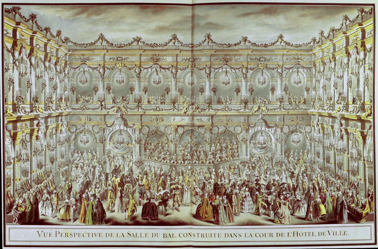 Perspectief van de balzaal gebouwd in de binnenplaats van het Hotel de Ville in Parijs ter gelegenheid van het eerste huwelijk van de Dauphin met Marie-Therese, Infanta van Spanje door Charles Nicolas II Cochin