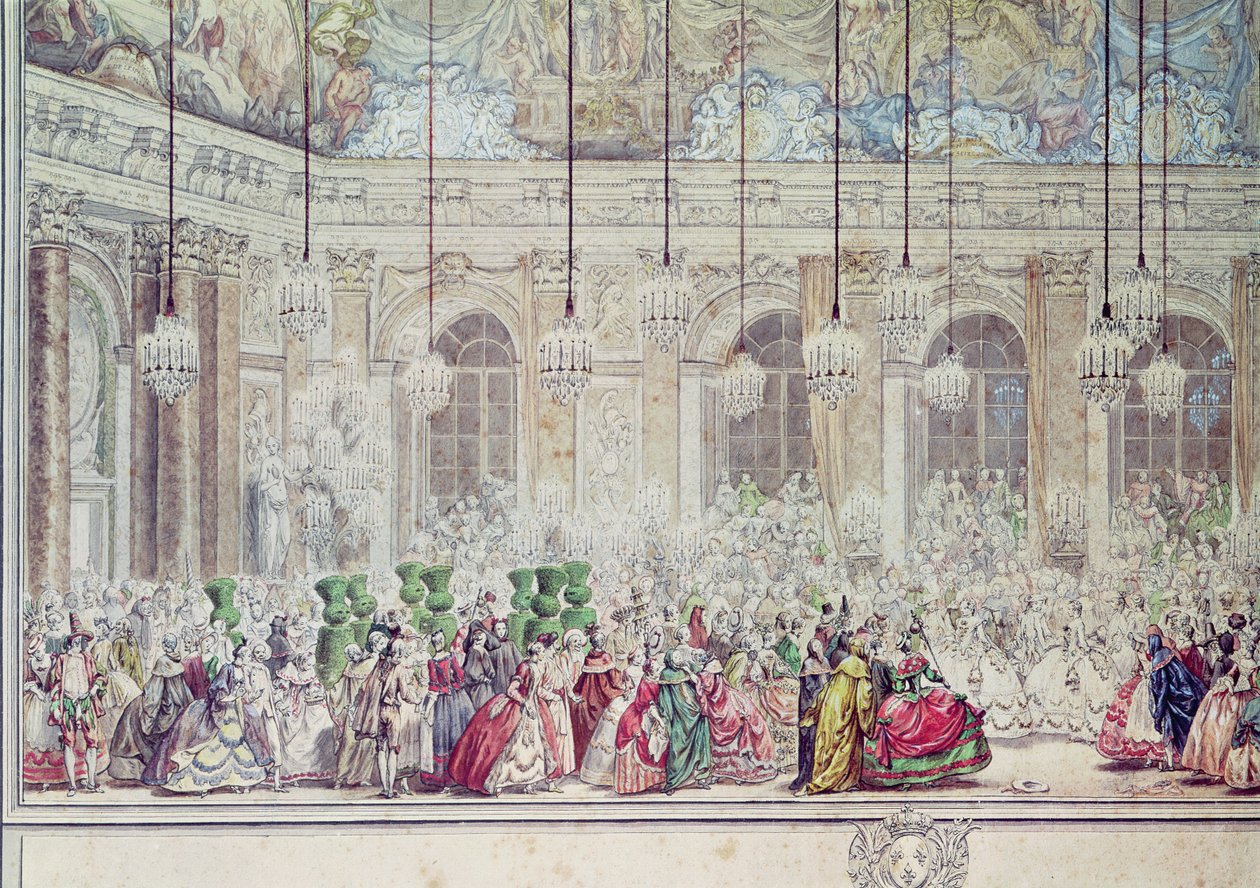Het Gemaskerde Bal in de Spiegelzaal ter Gelegenheid van het Huwelijk van de Dauphin met Marie-Therese, 17 februari 1745 (detail) door Charles Nicolas II Cochin
