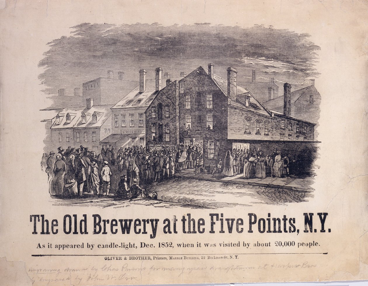 De Oude Brouwerij bij de Five Points, New York, zoals het verscheen bij Kaarslicht, december 1852, toen het werd bezocht door ongeveer 20.000 mensen, gegraveerd door John W. Orr (1815-57), ca. 1853 door Charles Parsons