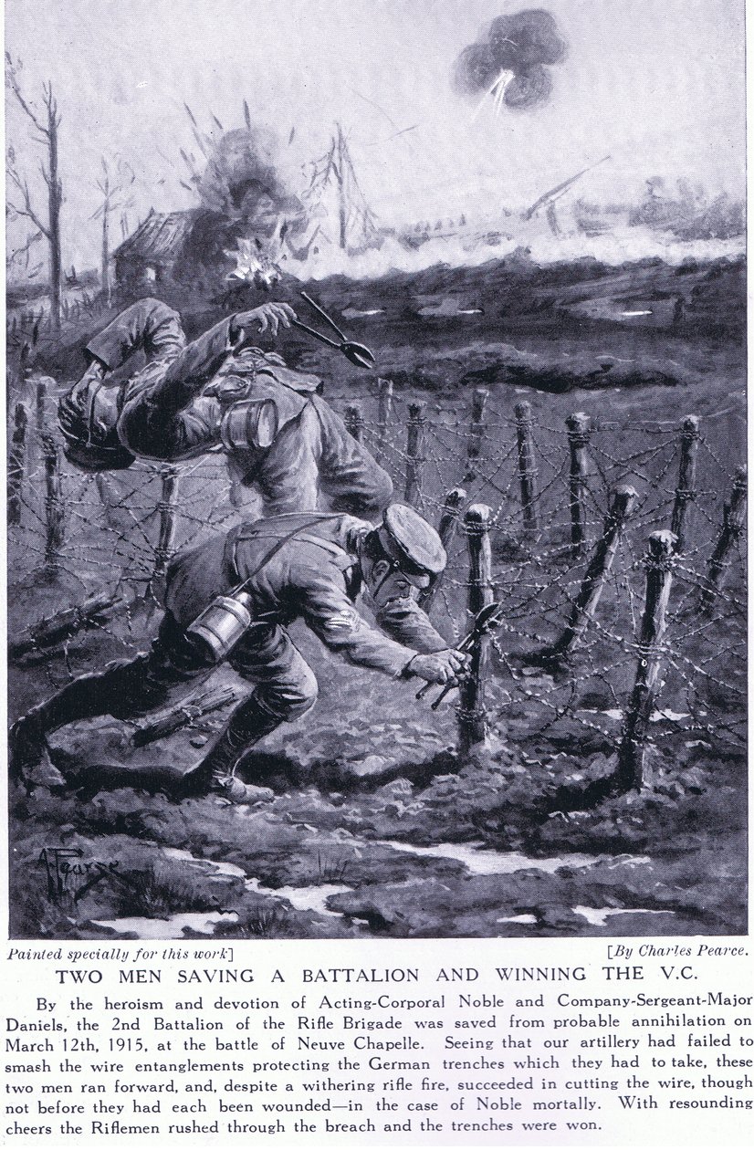 Twee mannen redden een bataljon en winnen het VC bij de slag om Neuve Chapelle in maart 1915 door Charles Pears