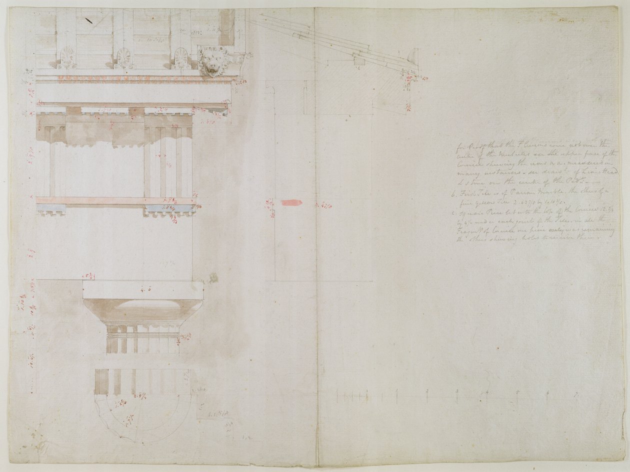 Een Verzameling Originele Tekeningen voor Tempels in Bassac: Elevatie en Gedeeltelijke Structuur van het Dak van de Tempels van Jupiter Panhellenius in Aegina, 1860 door Charles Robert Cockerell